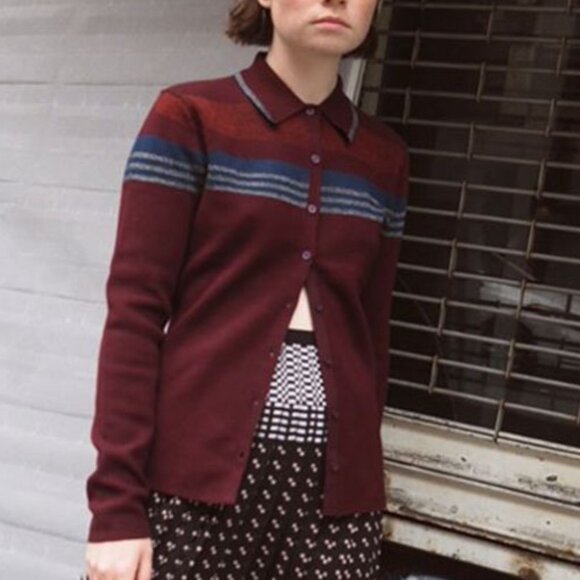 club monaco // maroon shimmer stripes button down collared knit top M - Picture 1 of 6
